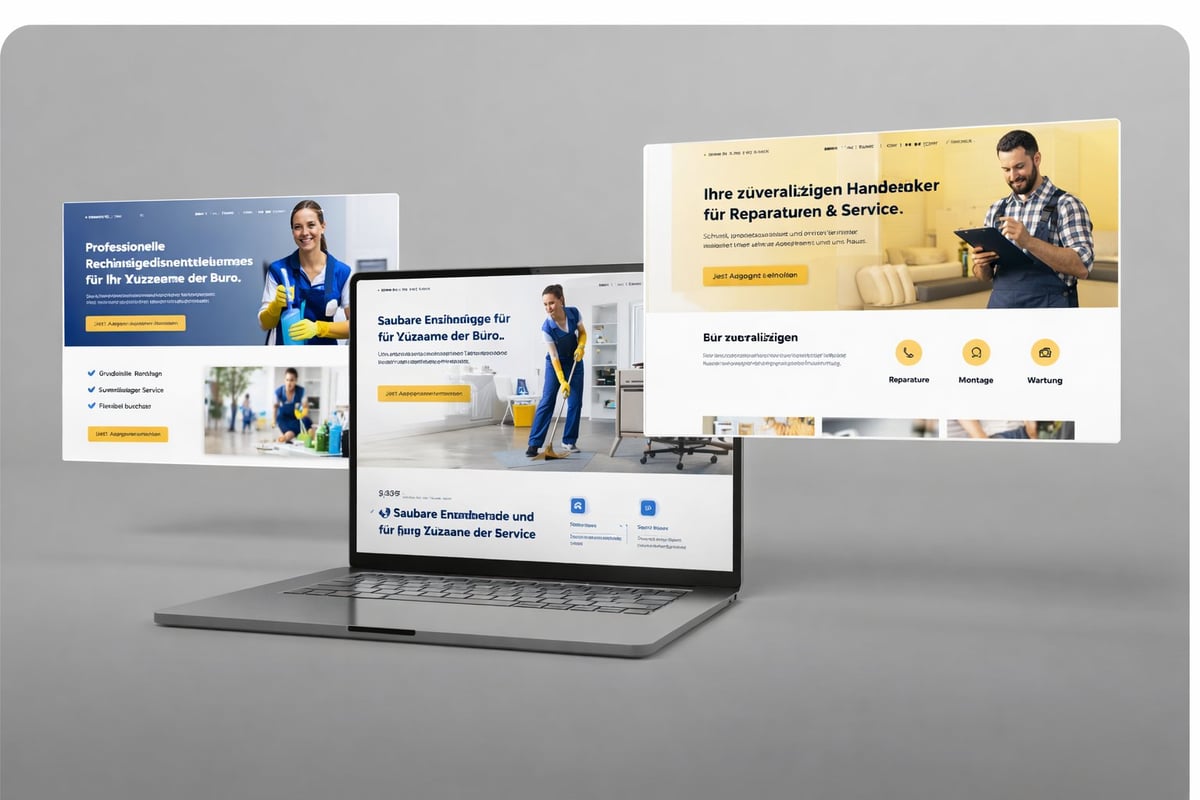 Laptop mit Website-Mockups für einen Handwerker-Reparatur- und Servicebetrieb mit mehreren Design-Varianten