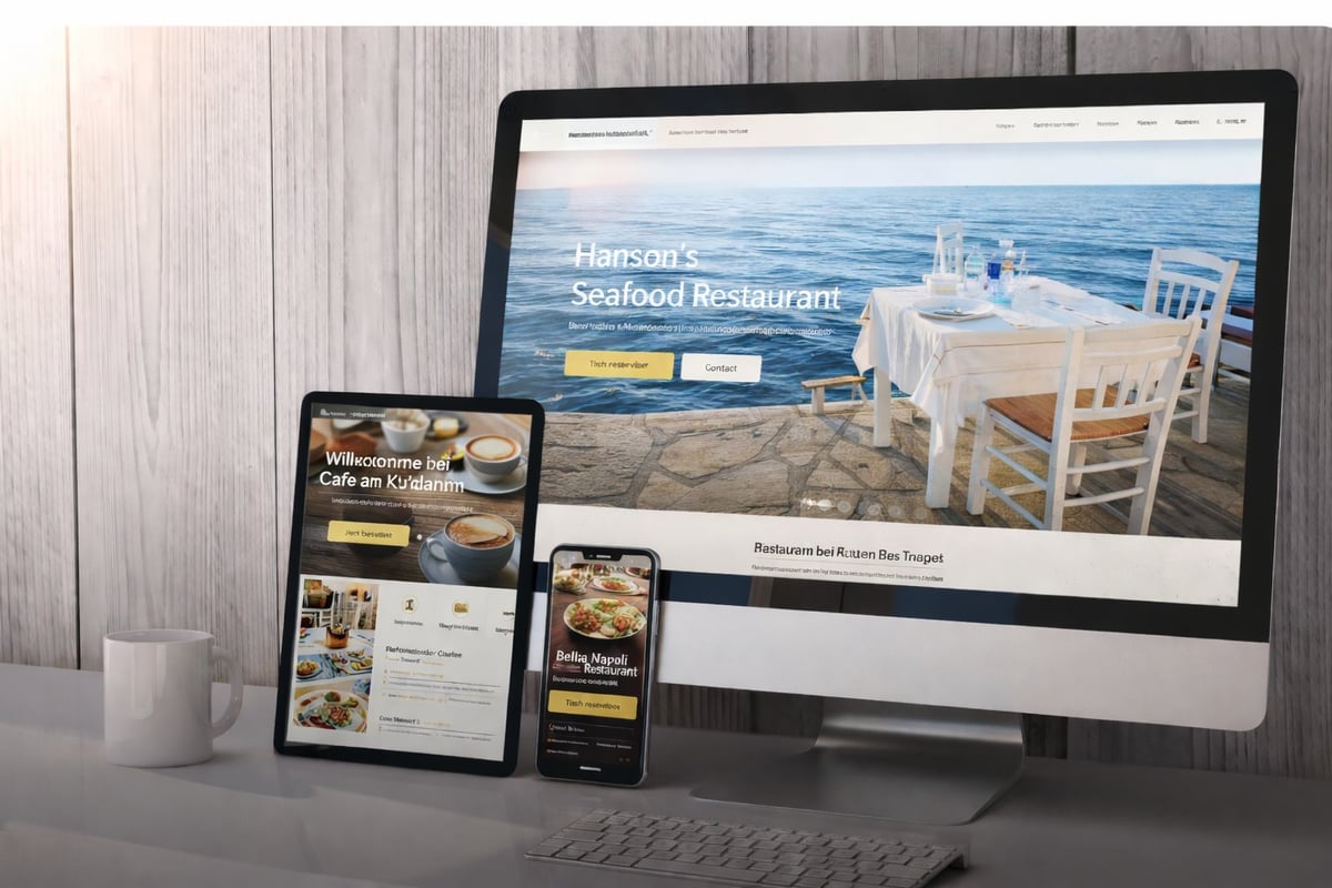 Responsive Restaurant-Website auf Desktop-Monitor, Tablet und Smartphone – Harsons Seafood Restaurant mit Meeresfrüchte-Restaurant am Meer